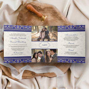 Invitation Trois Volets Ivoire Royal Bleu Bordure Tout en Un Mariage Indie