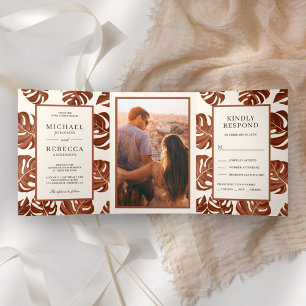 Invitation Trois Volets Ivory et Terracotta Monstera quitte Photo Wedding