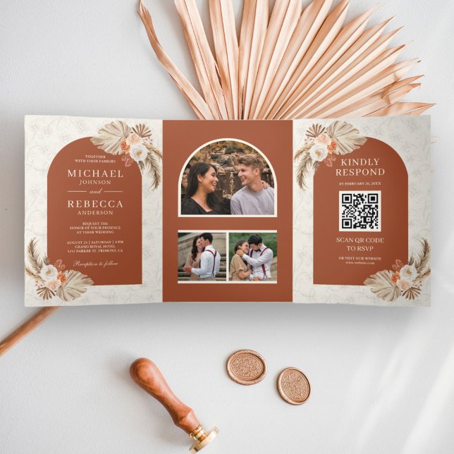 Invitation Trois Volets Ivory Floral Pampas Terracotta Code QR Mariage (Créateur téléchargé)