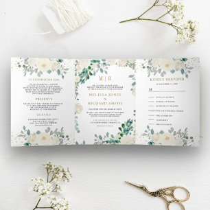 Invitation Trois Volets Ivory Floral Sage Feuilles verts tous en un Mariag