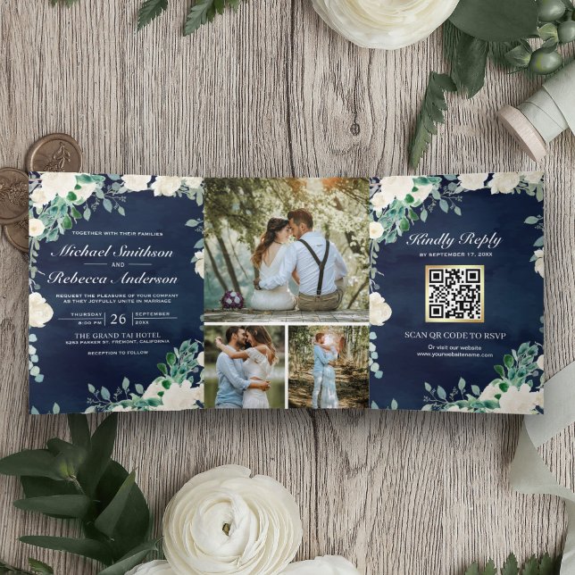 Invitation Trois Volets Ivory Floral Sage Green Navy Blue QR Code Mariage (Créateur téléchargé)