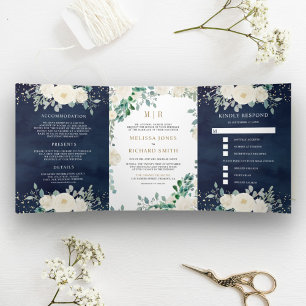 Invitation Trois Volets Ivory Floral Sage Vert Feuille Marine Bleu Mariage