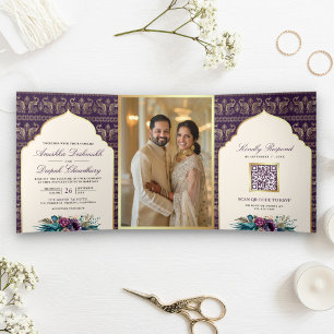 Invitation Trois Volets Ivory Purple Peacock Motif Floral Indien Mariage