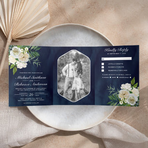 Invitation Trois Volets Ivory Roses Botanique Photo Mariage Bleu Nuit