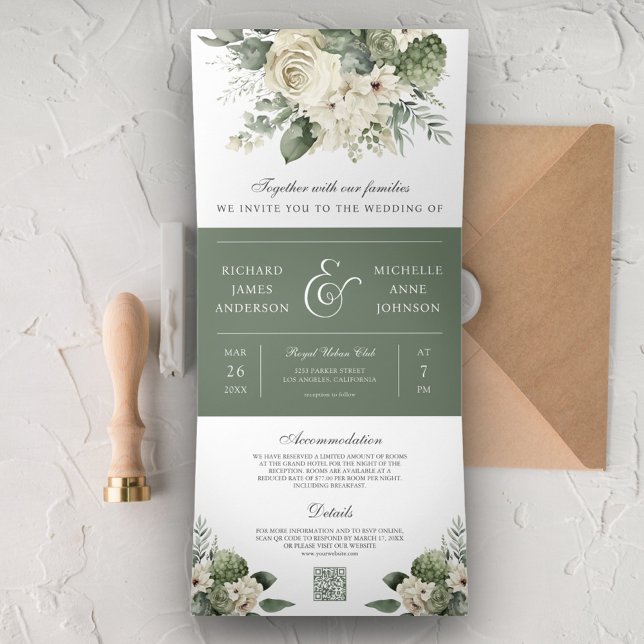 Invitation Trois Volets Ivory Roses Vert Sauge Code QR Mariage (Créateur téléchargé)