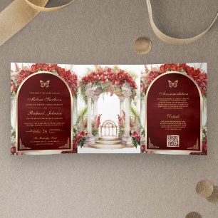 Invitation Trois Volets Jardin aux papillons floraux rouges en un seul Mar