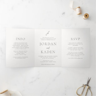 Invitation Trois Volets Jordan Gris Script Monogramme Élégant mariage