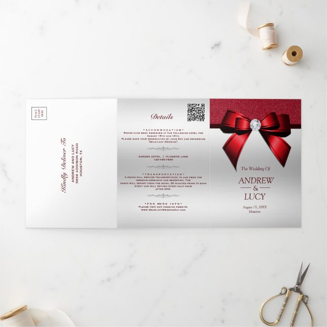 Invitation Trois Volets Joyau rouge romantique Gem Bow Code QR Mariage (Extérieur)