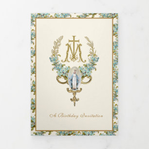 Invitation Trois Volets Joyeux Anniversaire Religieux Vierge Marie Bleu Fl