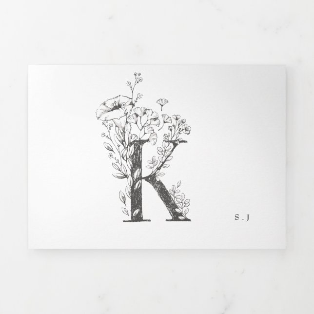 Invitation Trois Volets 'K' Monogramme magnifique Mariage floral croisé (Page de couverture)