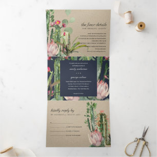 INVITATION TROIS VOLETS KRAFT NAVY FLORAL CACTI FOLIAGE MARIAGE DE COULEUR
