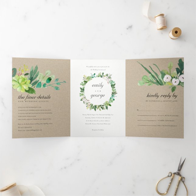 INVITATION TROIS VOLETS KRAFT SUCCULENT WREATT FOLIAGE MARIAGE DE COULEUR  (Intérieur)