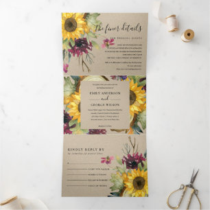 INVITATION TROIS VOLETS KRAFT SUNFLOWER BURGUNDY VIN MARIAGE FLORAL