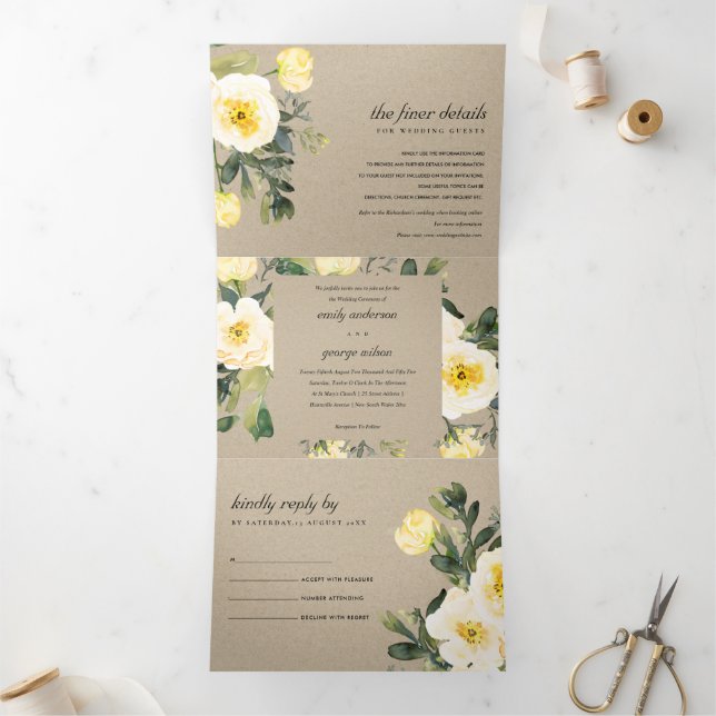 INVITATION TROIS VOLETS KRAFT WHITE JAUNE PERSONNE MARIAGE DE COULEUR D'EA (Intérieur)