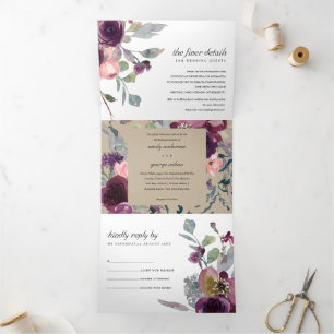 INVITATION TROIS VOLETS KRAFT WILD PURPLE LILAC MARIAGE FLORAL WATERCOLOR