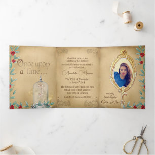 Invitation Trois Volets La Belle et la Bête Conte de Fées Livre Ancien