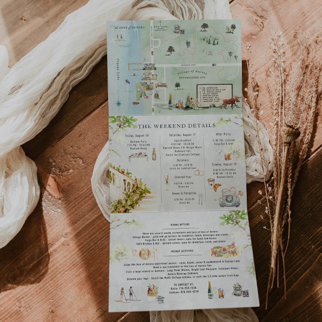 Invitation Trois Volets Lac Cayuga NY | Tri-pliage Mariage illustré (Créateur téléchargé)