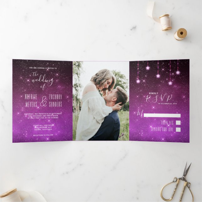 Invitation Trois Volets L'amour céleste écrit en étoiles Mariage photo (Intérieur)