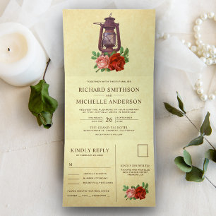 Invitation Trois Volets Lanterne à huile florale rustique tout-en-un pour 
