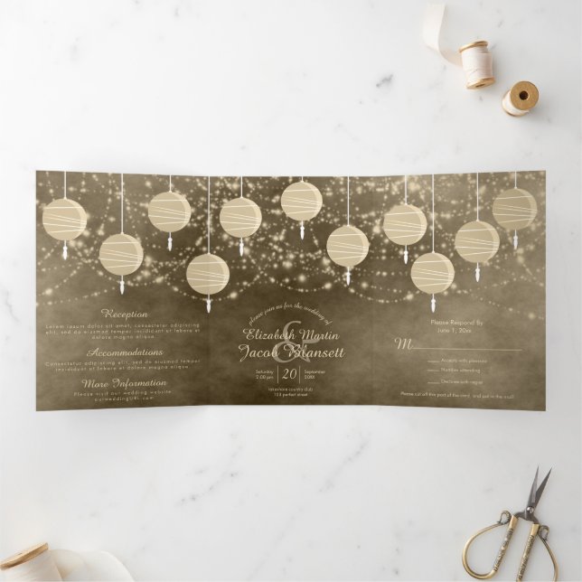 Invitation Trois Volets Lanterne d'Ivoire Tout en Un Mariage (Intérieur)