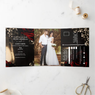 Invitation Trois Volets Lanterne & Roses rouges Romantique Rustique Mariag