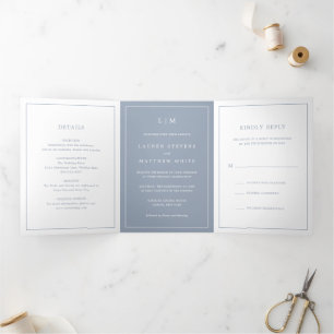 Invitation Trois Volets Lauren Dusty Blue Monogram Mariage élégant