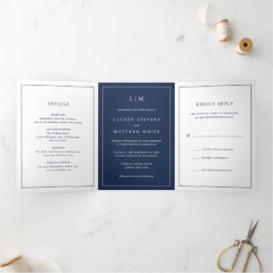 Invitation Trois Volets Lauren Navy Blue Monogramme Mariage élégant