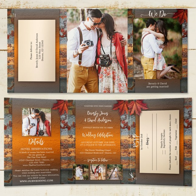 Invitation Trois Volets L'automne quitte le Mariage industriel (Tri-fold wedding invitation featuring your photos framed by an industrial rustic autumn design)