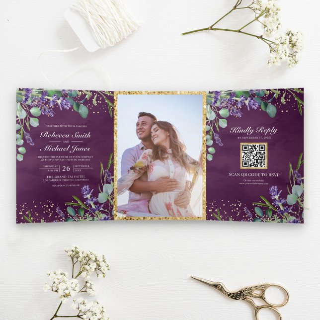 Invitation Trois Volets Lavande et Eucalyptus Code QR Mariage Violet (Créateur téléchargé)