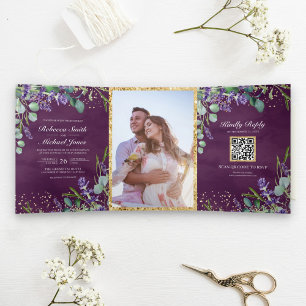 Invitation Trois Volets Lavande et Eucalyptus Purple QR Code Mariage
