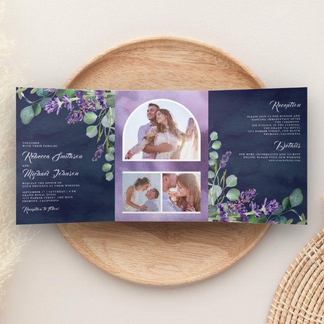 Invitation Trois Volets Lavender Eucalyptus Photo Arche marine Mariage ble (Créateur téléchargé)