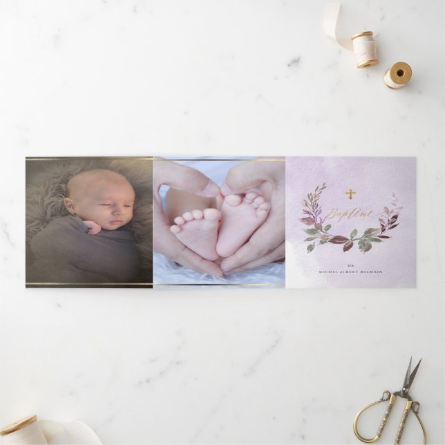 Invitation Trois Volets Lavendre Couronne de Feuillage Aquarelle, Bapteme (Extérieur)