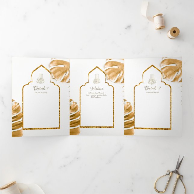 Invitation Trois Volets LeahG Gold White Islam Mariage invite (Intérieur)