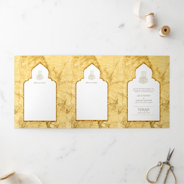 Invitation Trois Volets LeahG Gold White Islam Mariage invite (Extérieur)