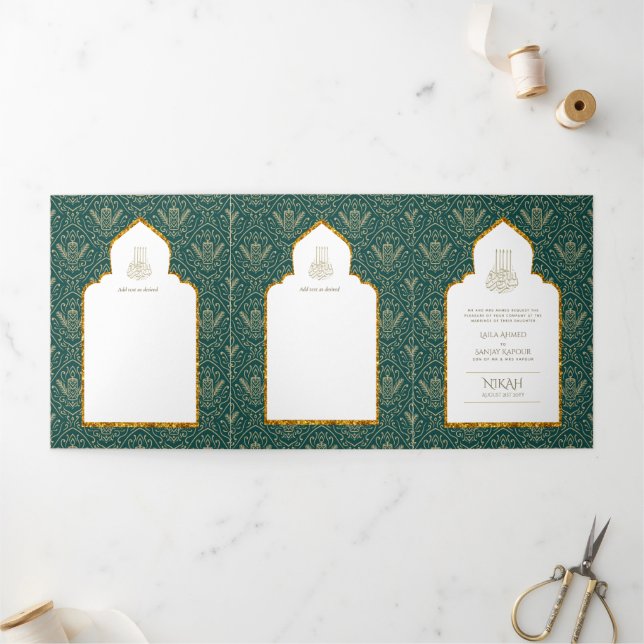 Invitation Trois Volets LeahG Green Gold Islam Mariage invite (Extérieur)