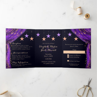 Invitation Trois Volets Les nuits d'Arabe violet & Or tout en un Mariage