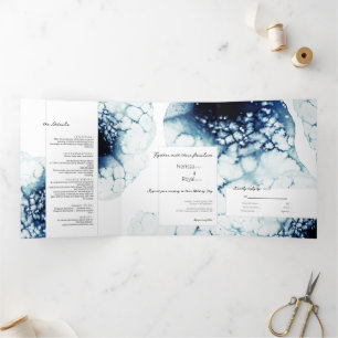 Invitation Trois Volets LETTRE Bleue Nautique Destination Mariage Triplé