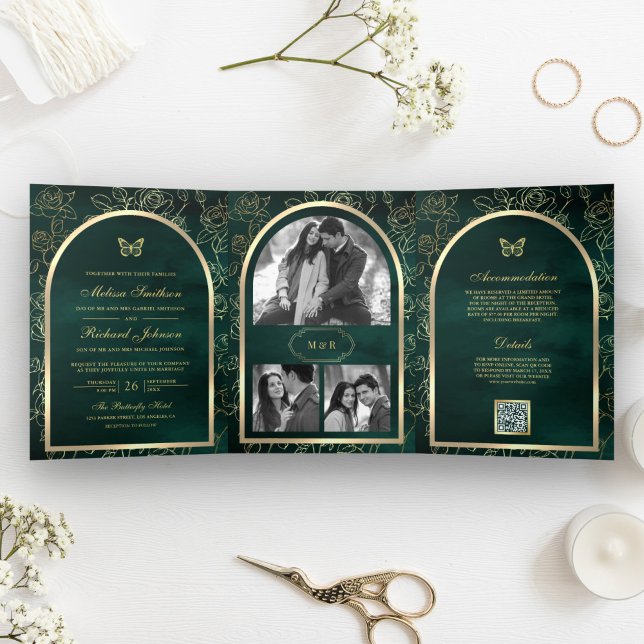 Invitation Trois Volets Ligne d'art vert émeraude Papillon à Arche Dorée M (Créateur téléchargé)