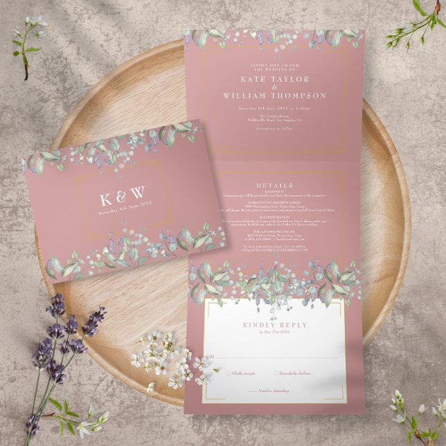 Invitation Trois Volets Lilac Foliage Dusty Rose Monogramme Mariage photo (Créateur téléchargé)