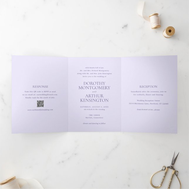 Invitation Trois Volets Lilac QR Code moderne Mariage élégant (Intérieur)