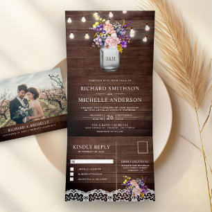 Invitation Trois Volets Lilac Rose Roses Mason Jar String Mariage