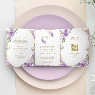 Invitation Trois Volets Lilas Violet Floral Marbre Doré Tout en Un Mariage