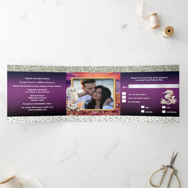 Invitation Trois Volets L'île tropicale de Seahorse soleil coucher de sole (Intérieur)