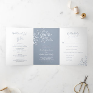 Invitation Trois Volets Line Art Floral Photo Dusty Blue Elegant Wedding