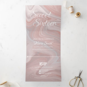 Invitation Trois Volets Liquide Marbré Sucré Élégant   Rose Agate