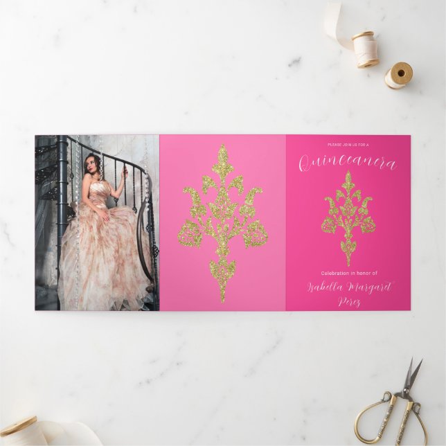 Invitation Trois Volets Lovely Gold Parties scintillant Quinceanera (Extérieur)
