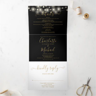 Invitation Trois Volets Lumières à cordes en or noir Script Monogramme Mar