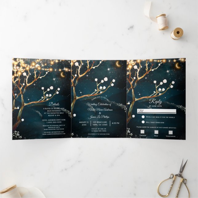 Invitation Trois Volets Lumières d'arbre de soirée rustique mariage trifol (Intérieur)