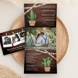 Invitation Trois Volets Lumières de Chaîne de Bois Rustique Mariage Désert