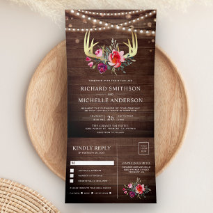 Invitation Trois Volets Lumières de corde en bois de grange florales or ce
